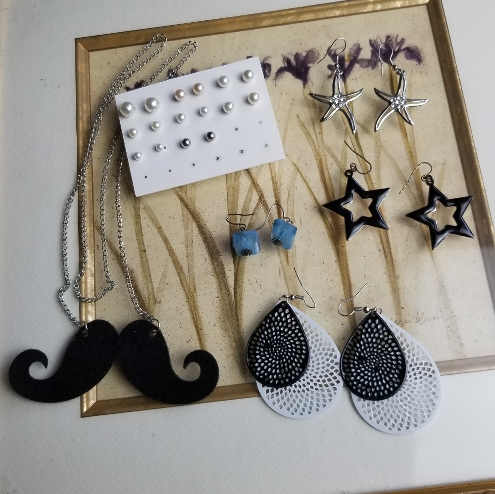 Last Chance! Jewelry Bundle. Mustache Necklace. Earrings. Pearl Studs.